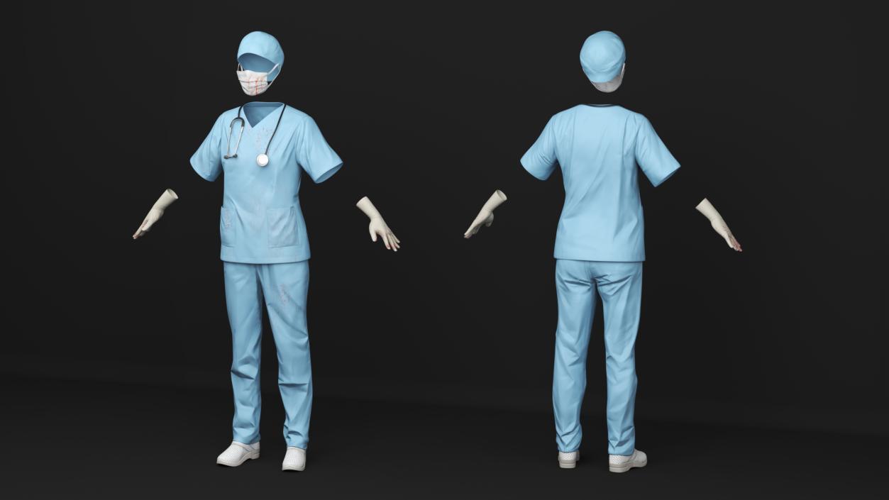 3D Surgeon Uniform Scrubs with Bloodstains with Stethoscope