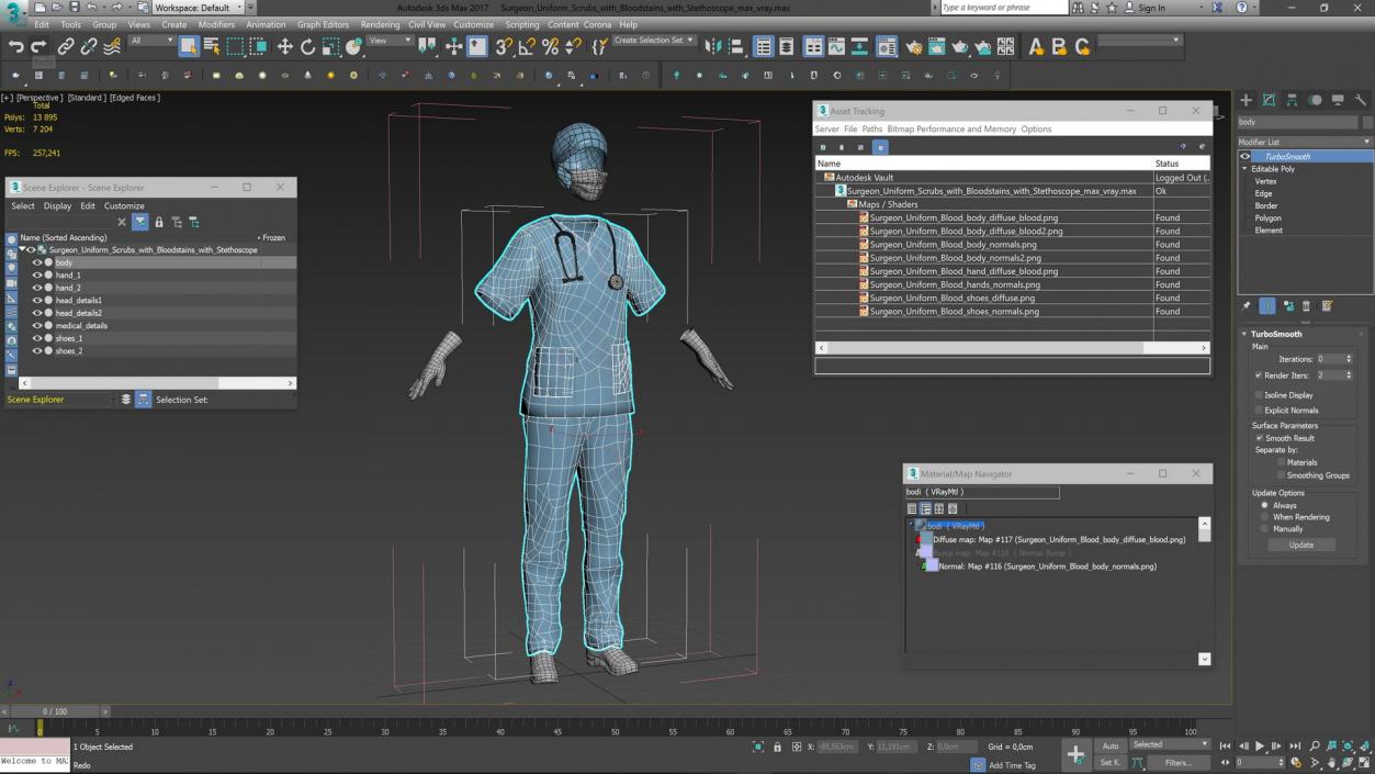 3D Surgeon Uniform Scrubs with Bloodstains with Stethoscope