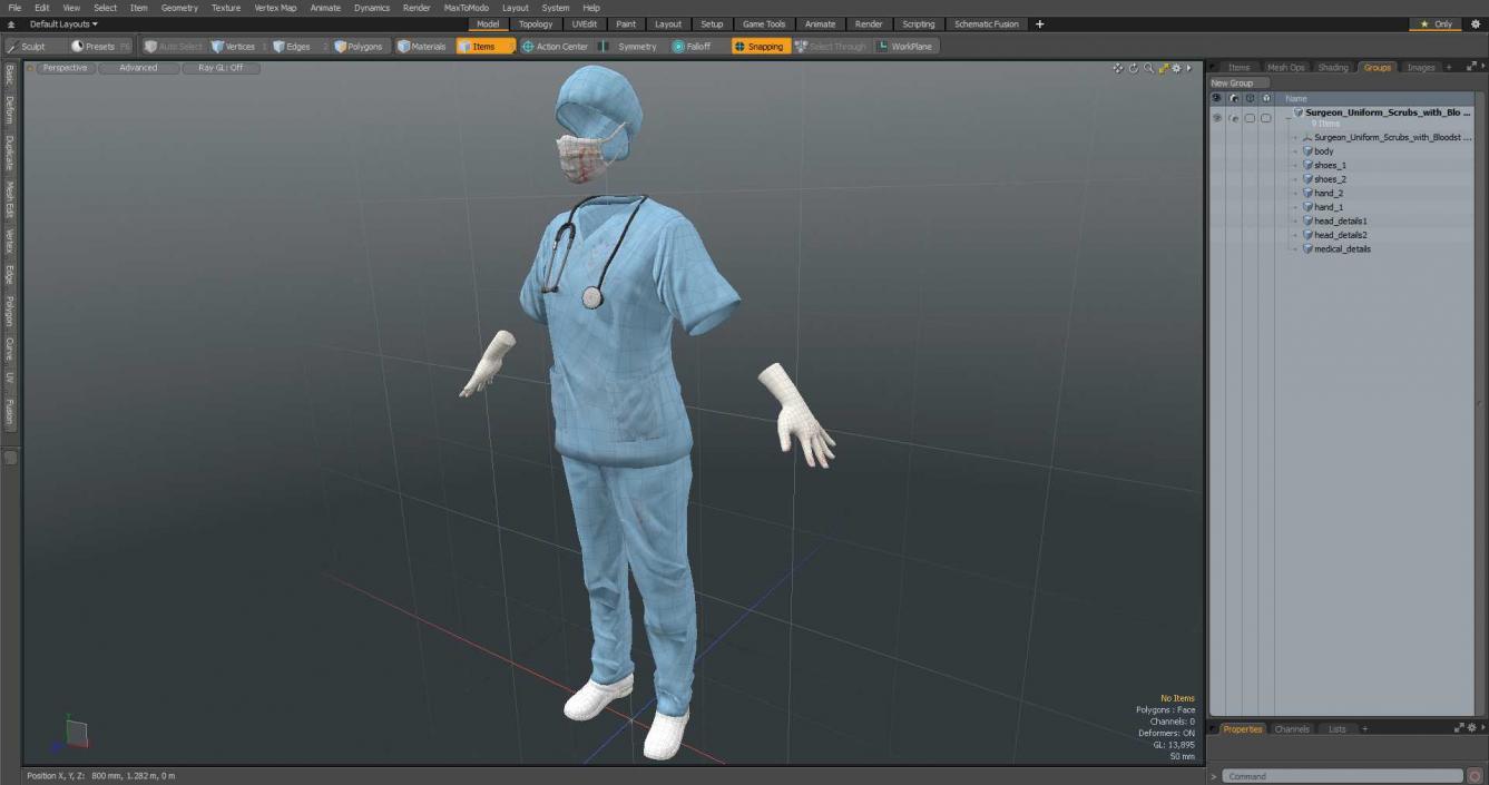 3D Surgeon Uniform Scrubs with Bloodstains with Stethoscope