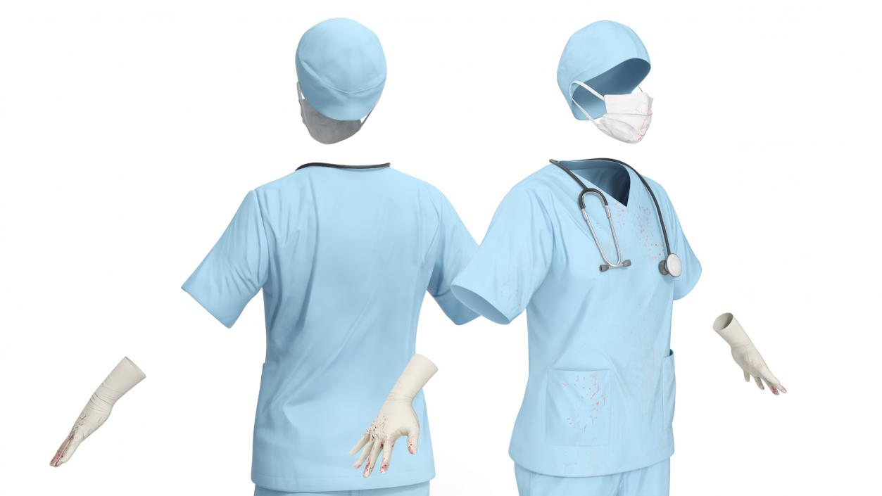 3D Surgeon Uniform Scrubs with Bloodstains with Stethoscope