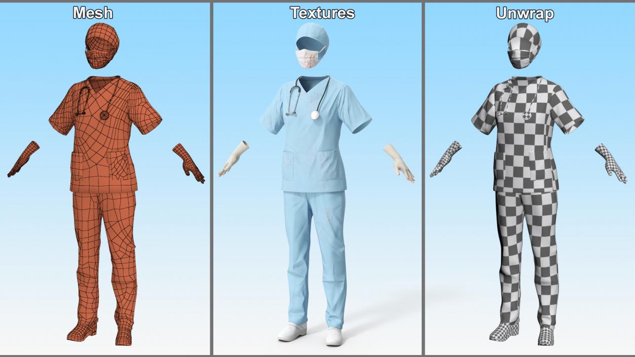 3D Surgeon Uniform Scrubs with Bloodstains with Stethoscope