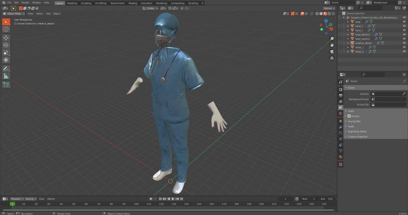 3D Surgeon Uniform Scrubs with Bloodstains with Stethoscope