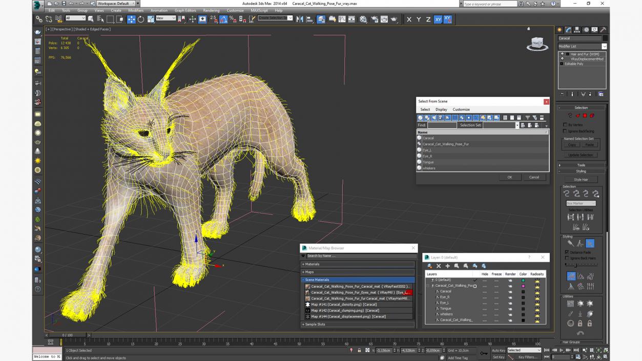 3D Caracal Cat Walking Pose Fur model