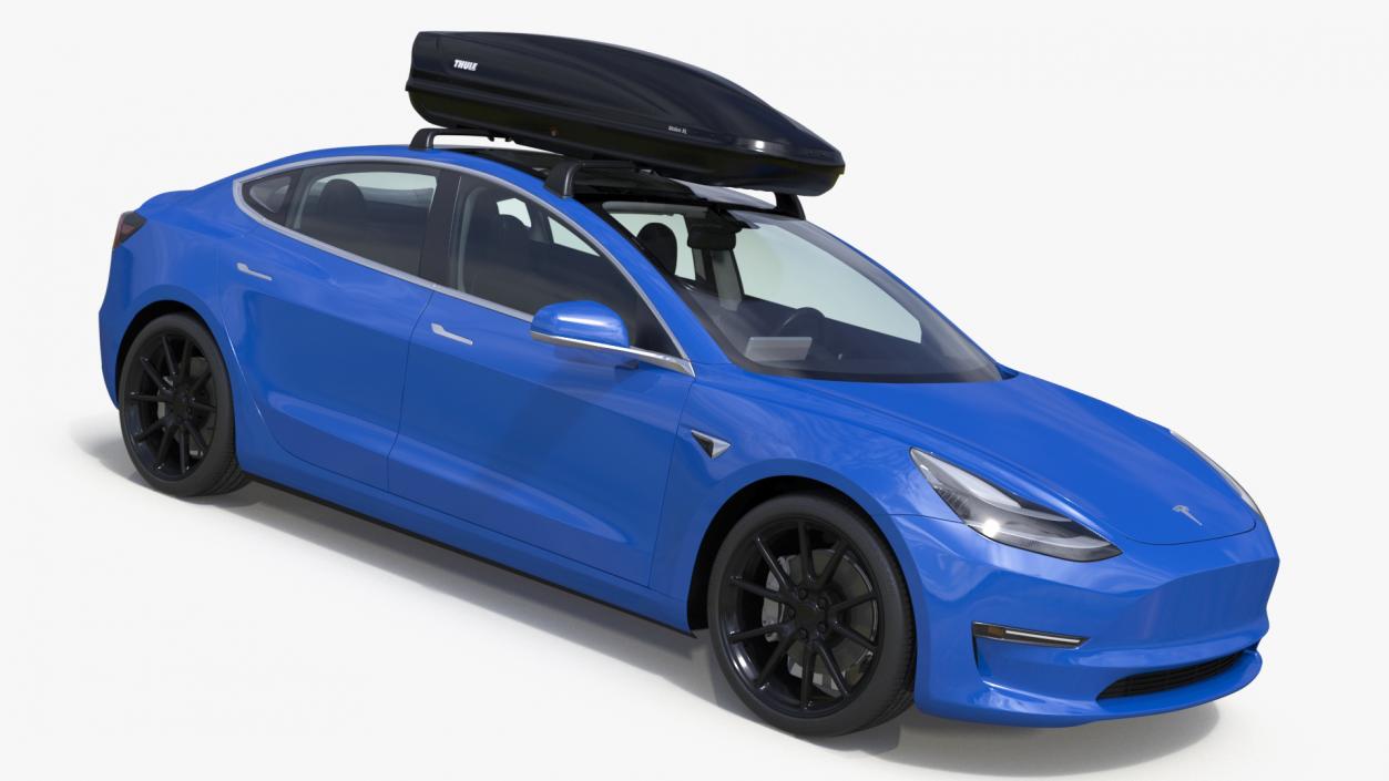 3D Tesla with Thule Car Roofbox on Roof Rack 2 model