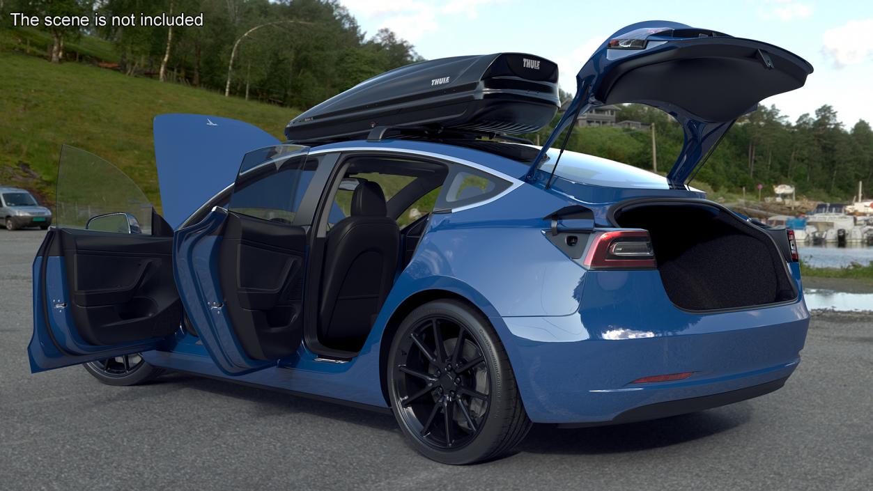 3D Tesla with Thule Car Roofbox on Roof Rack 2 model