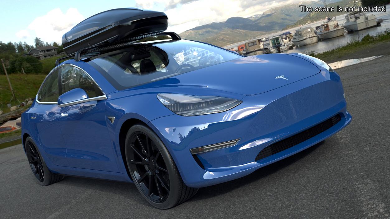 3D Tesla with Thule Car Roofbox on Roof Rack 2 model