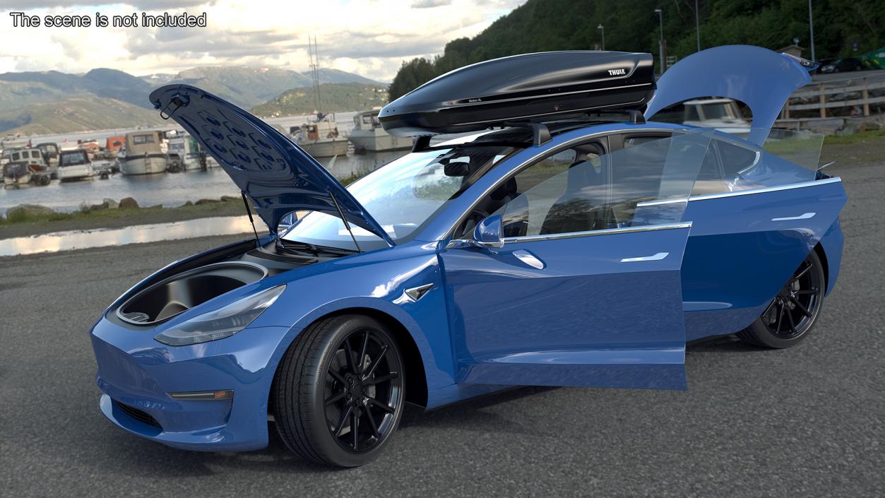 3D Tesla with Thule Car Roofbox on Roof Rack 2 model