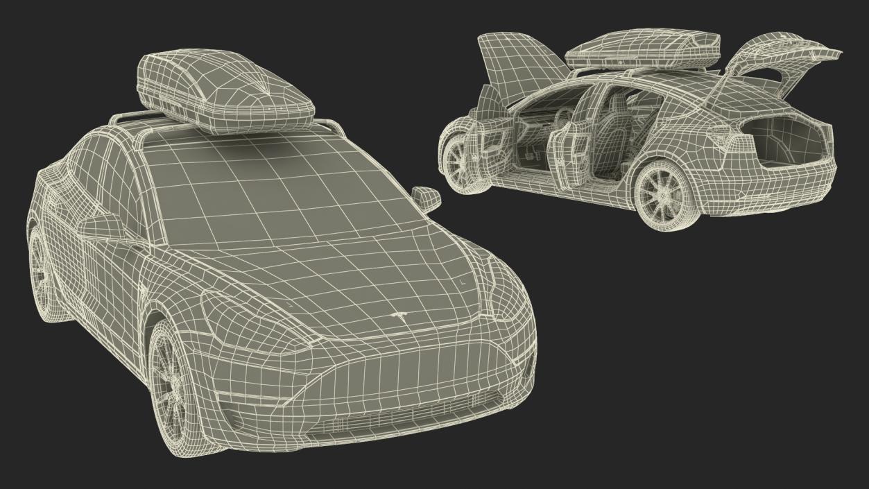 3D Tesla with Thule Car Roofbox on Roof Rack 2 model