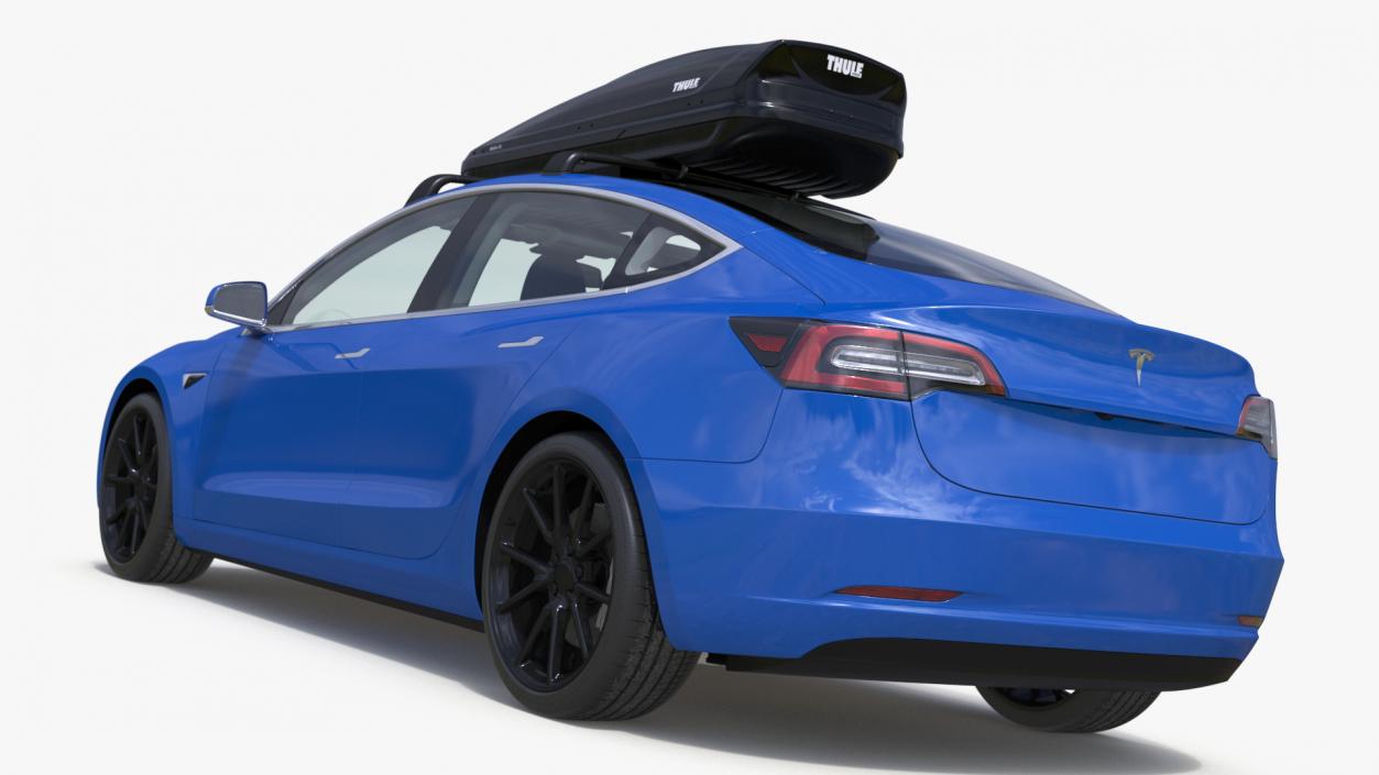 3D Tesla with Thule Car Roofbox on Roof Rack 2 model