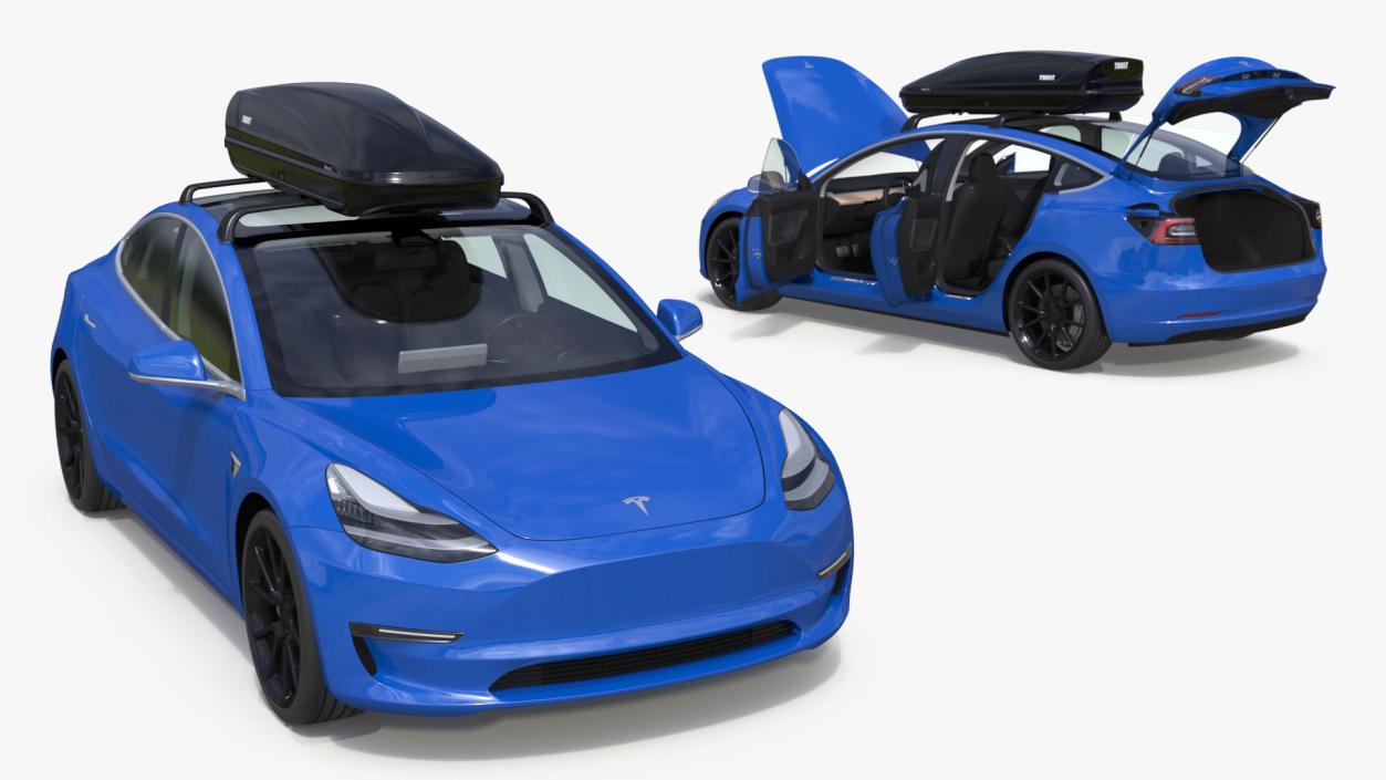 3D Tesla with Thule Car Roofbox on Roof Rack 2 model