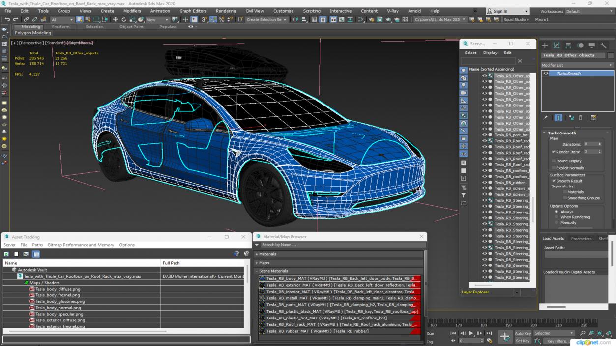 3D Tesla with Thule Car Roofbox on Roof Rack 2 model