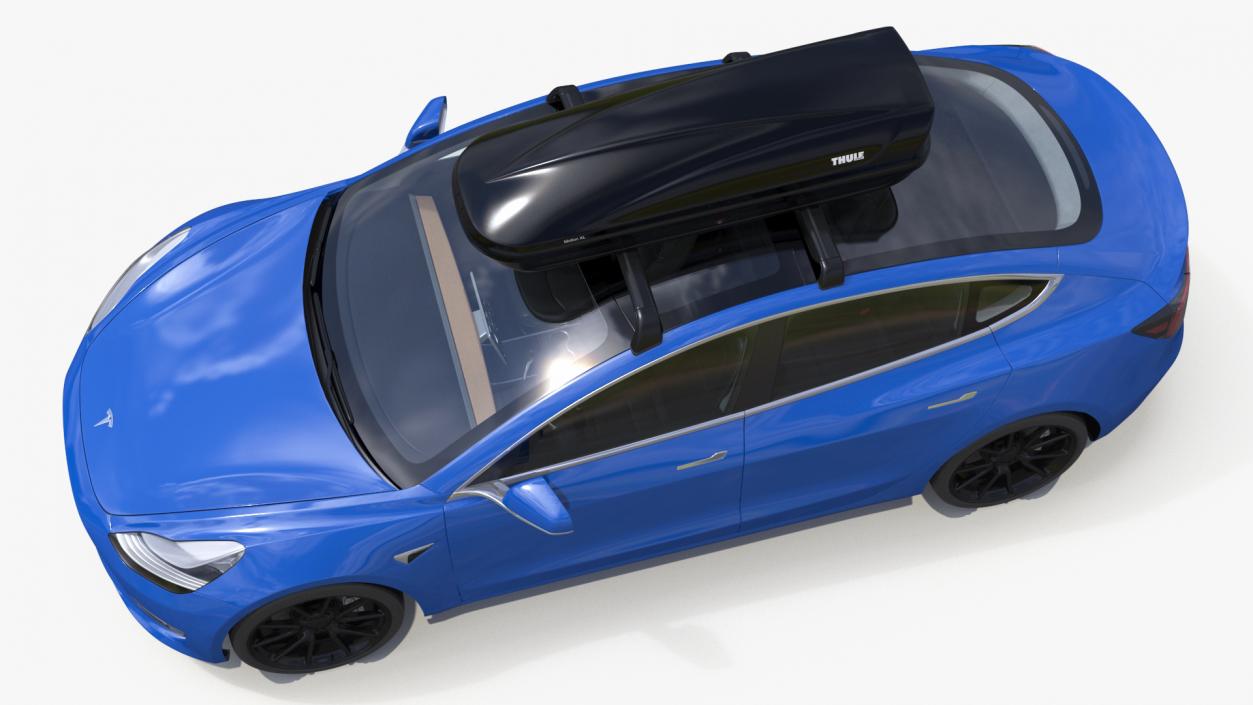 3D Tesla with Thule Car Roofbox on Roof Rack 2 model