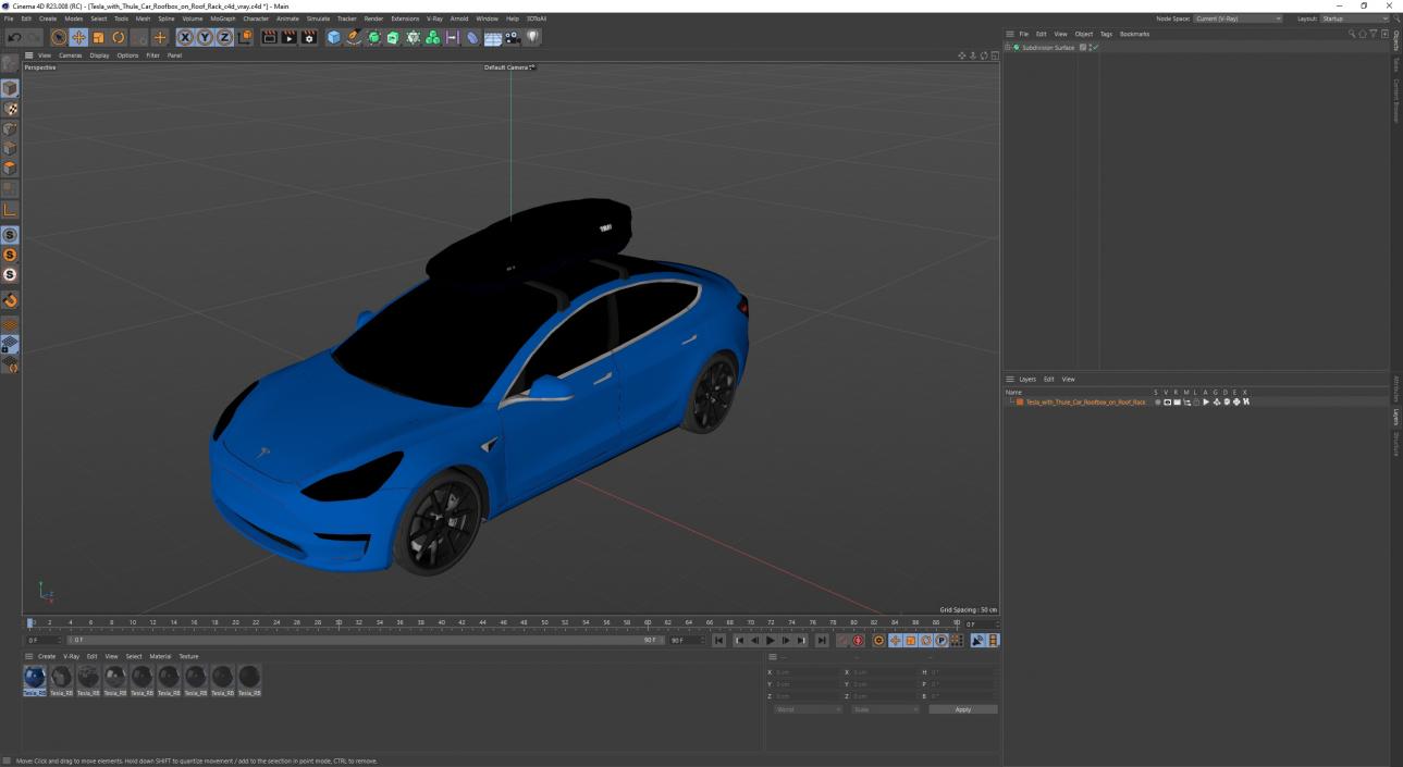 3D Tesla with Thule Car Roofbox on Roof Rack 2 model