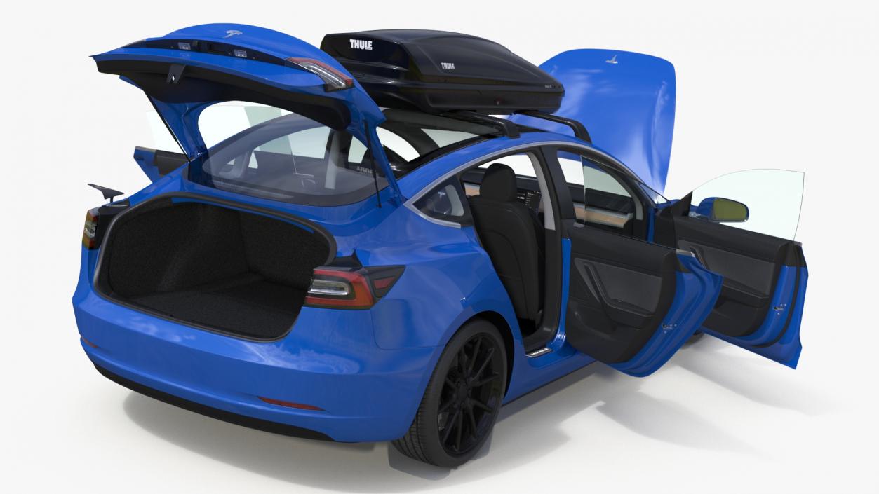 3D Tesla with Thule Car Roofbox on Roof Rack 2 model