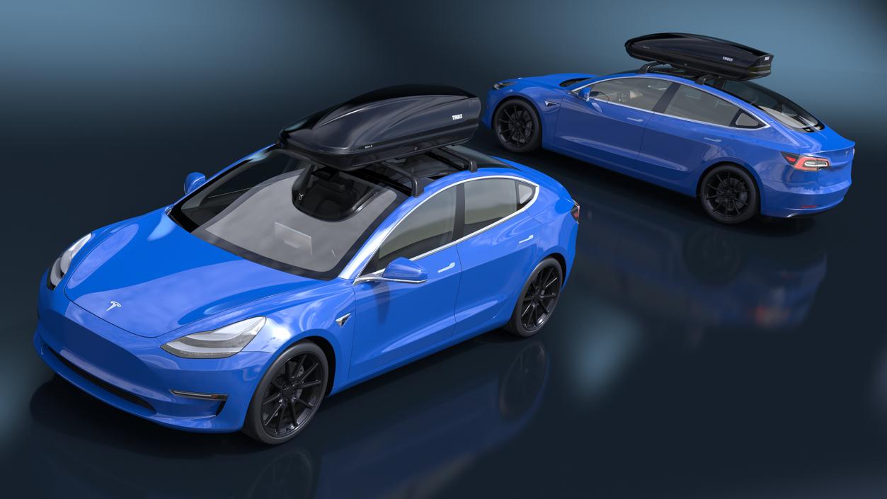 3D Tesla with Thule Car Roofbox on Roof Rack 2 model