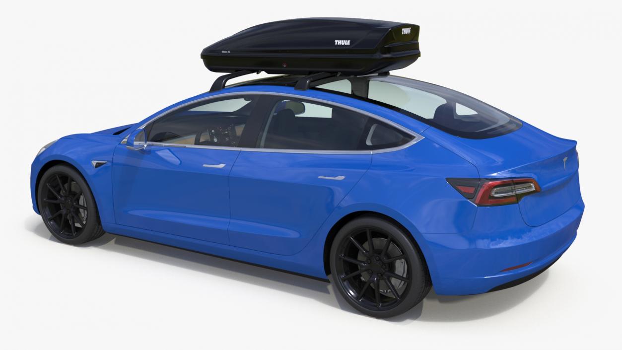 3D Tesla with Thule Car Roofbox on Roof Rack 2 model