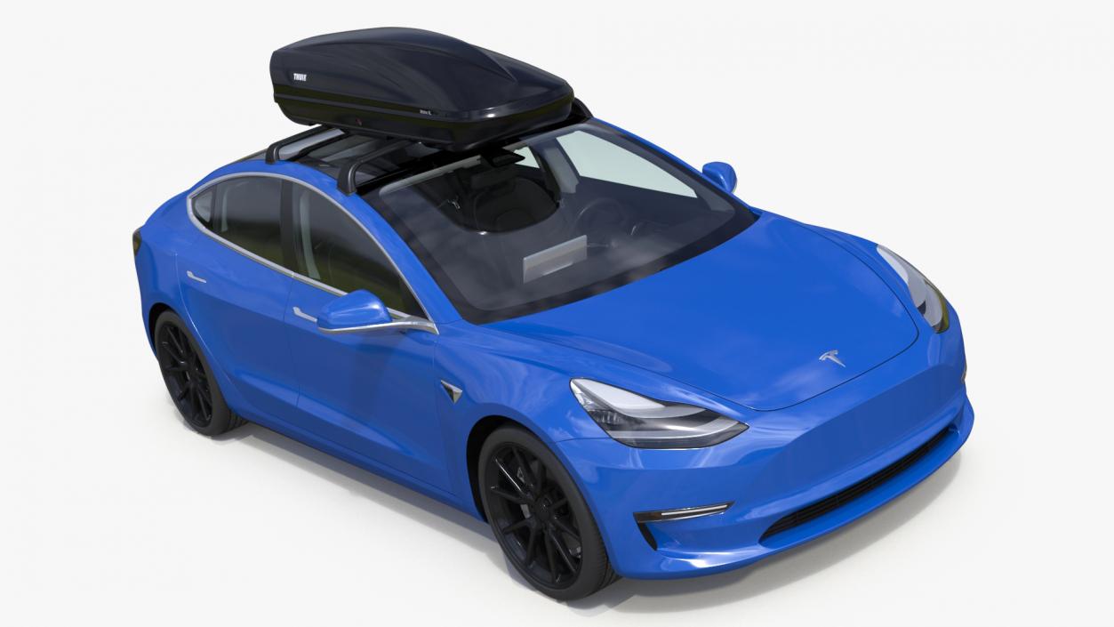 3D Tesla with Thule Car Roofbox on Roof Rack 2 model