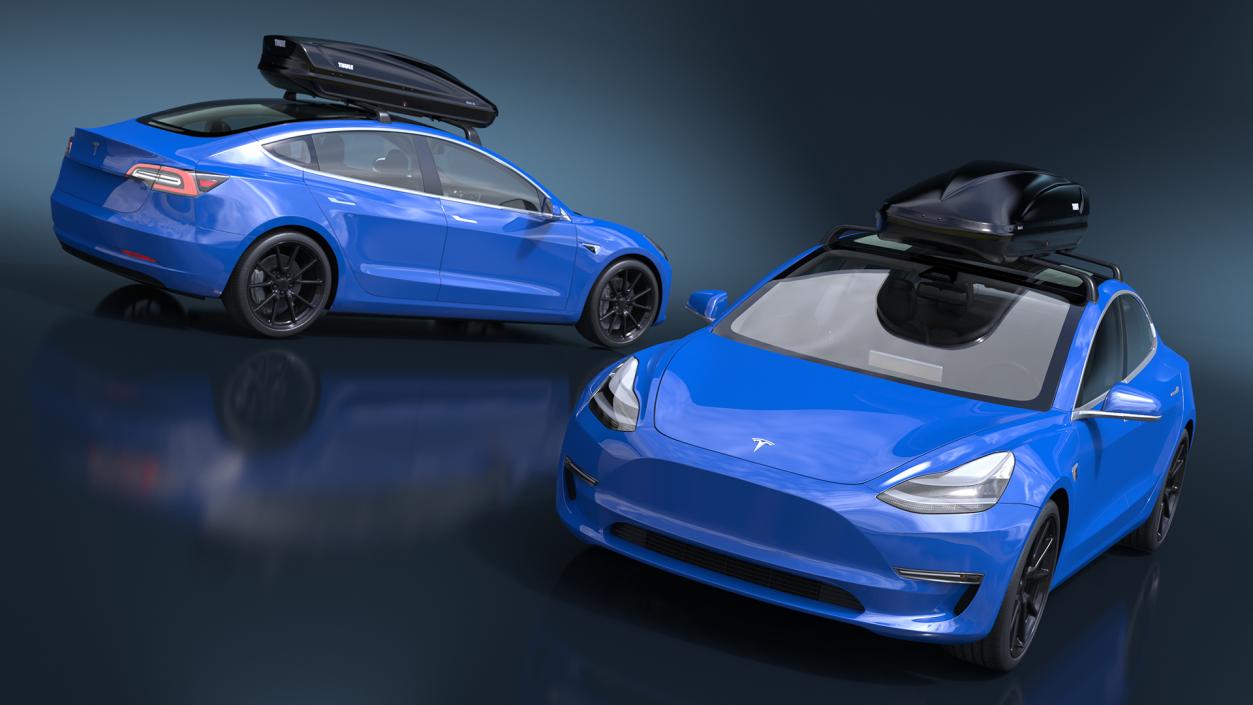 3D Tesla with Thule Car Roofbox on Roof Rack 2 model