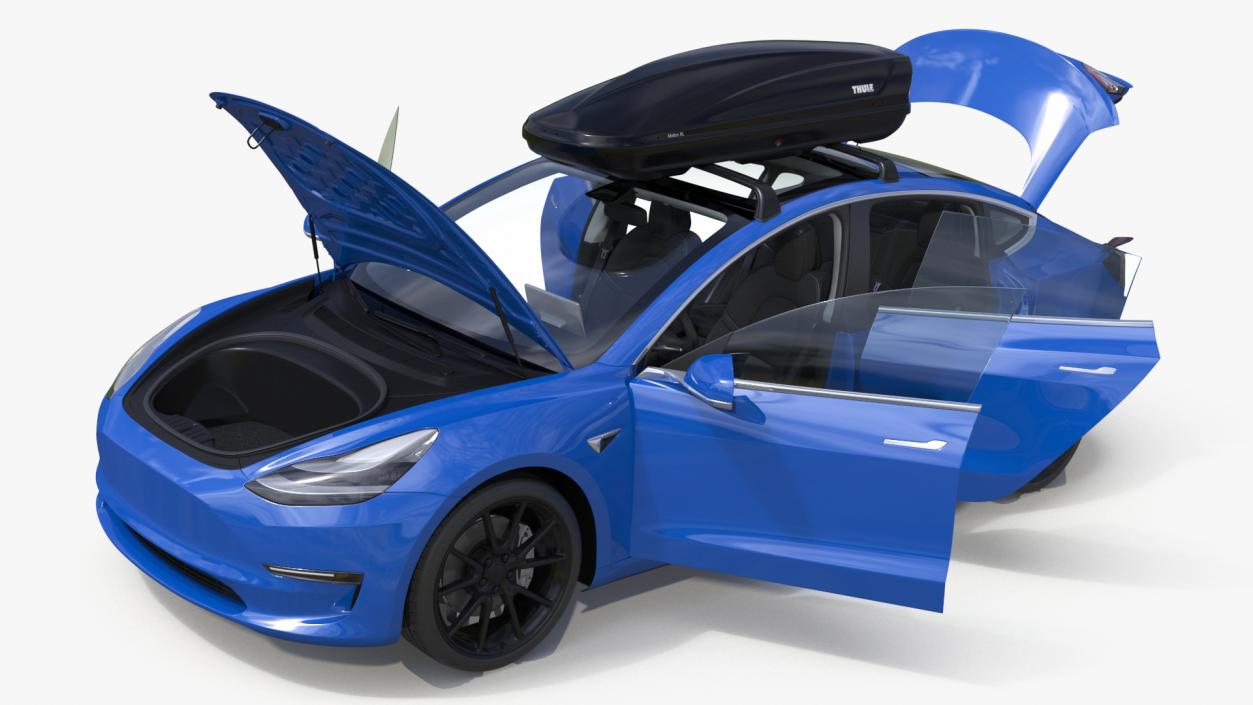 3D Tesla with Thule Car Roofbox on Roof Rack 2 model