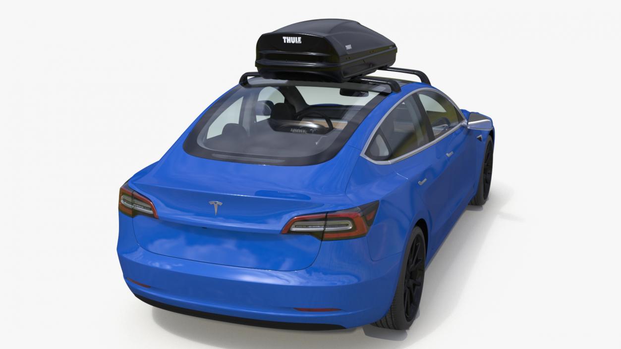 3D Tesla with Thule Car Roofbox on Roof Rack 2 model