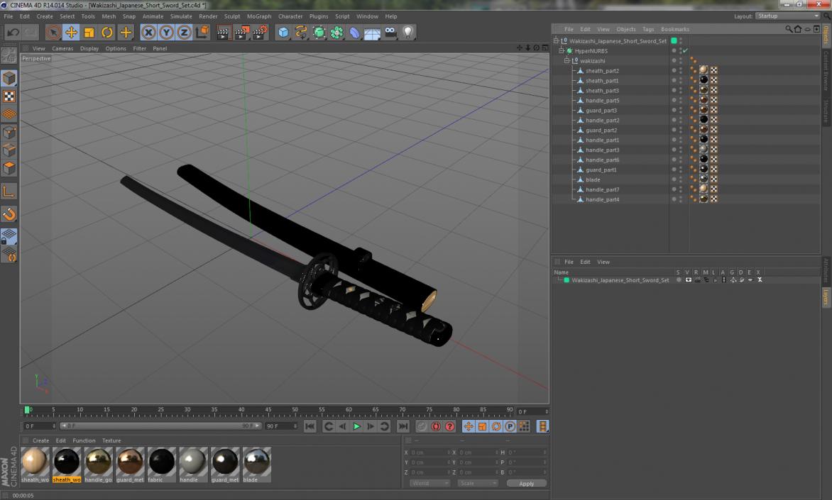 Wakizashi Japanese Short Sword Set 3D model