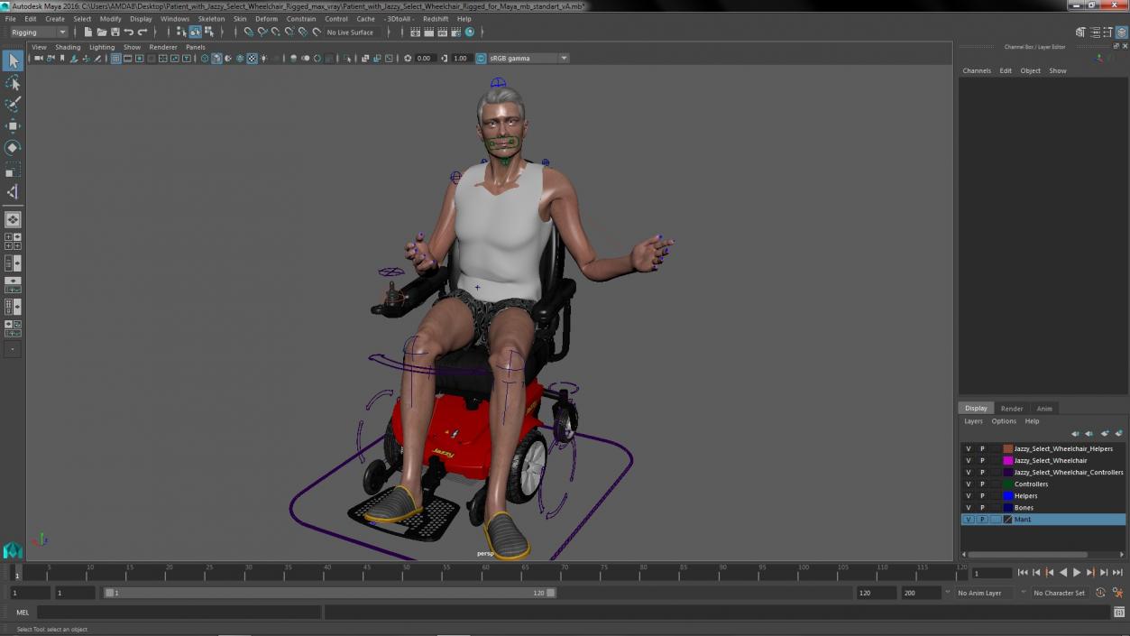 Patient with Jazzy Select Wheelchair Rigged for Maya 3D