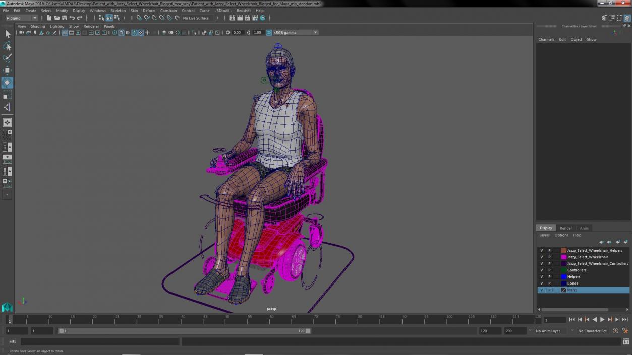 Patient with Jazzy Select Wheelchair Rigged for Maya 3D