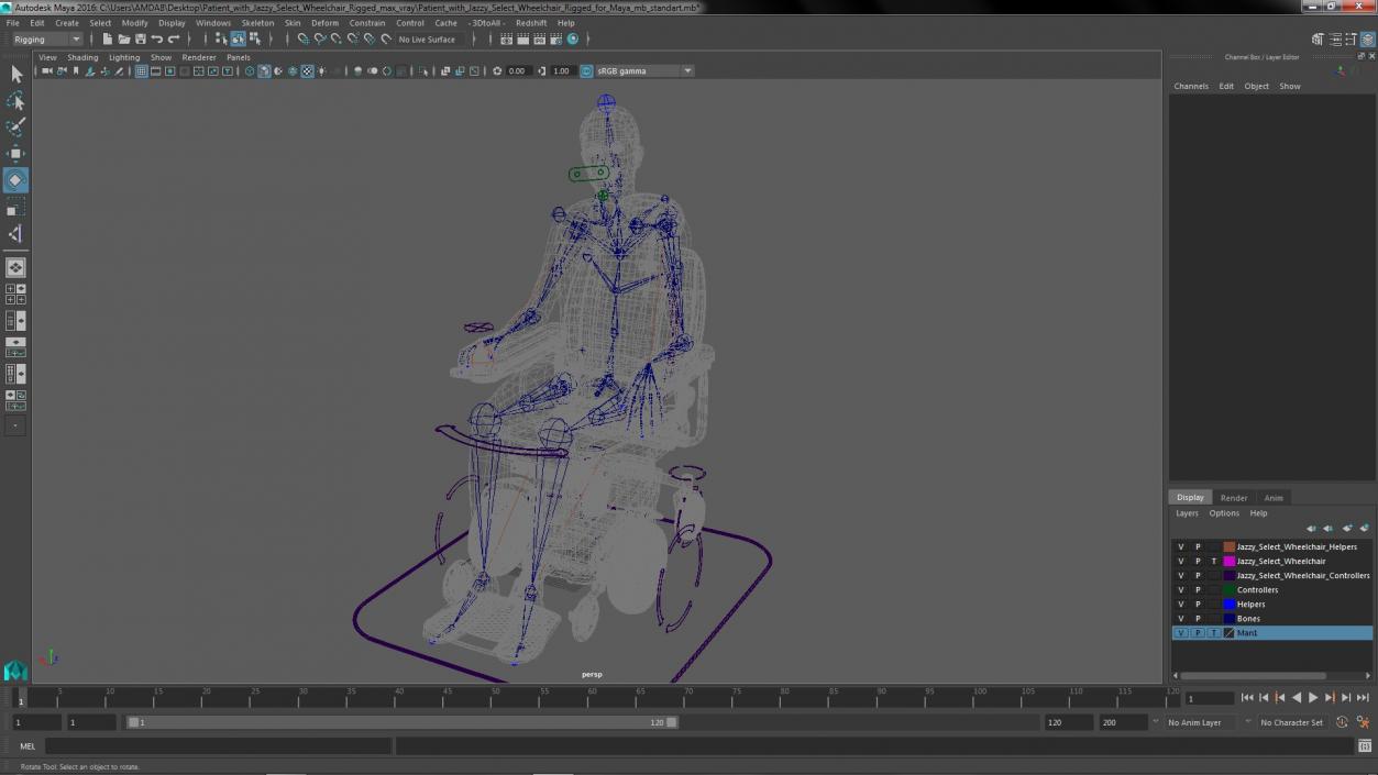 Patient with Jazzy Select Wheelchair Rigged for Maya 3D