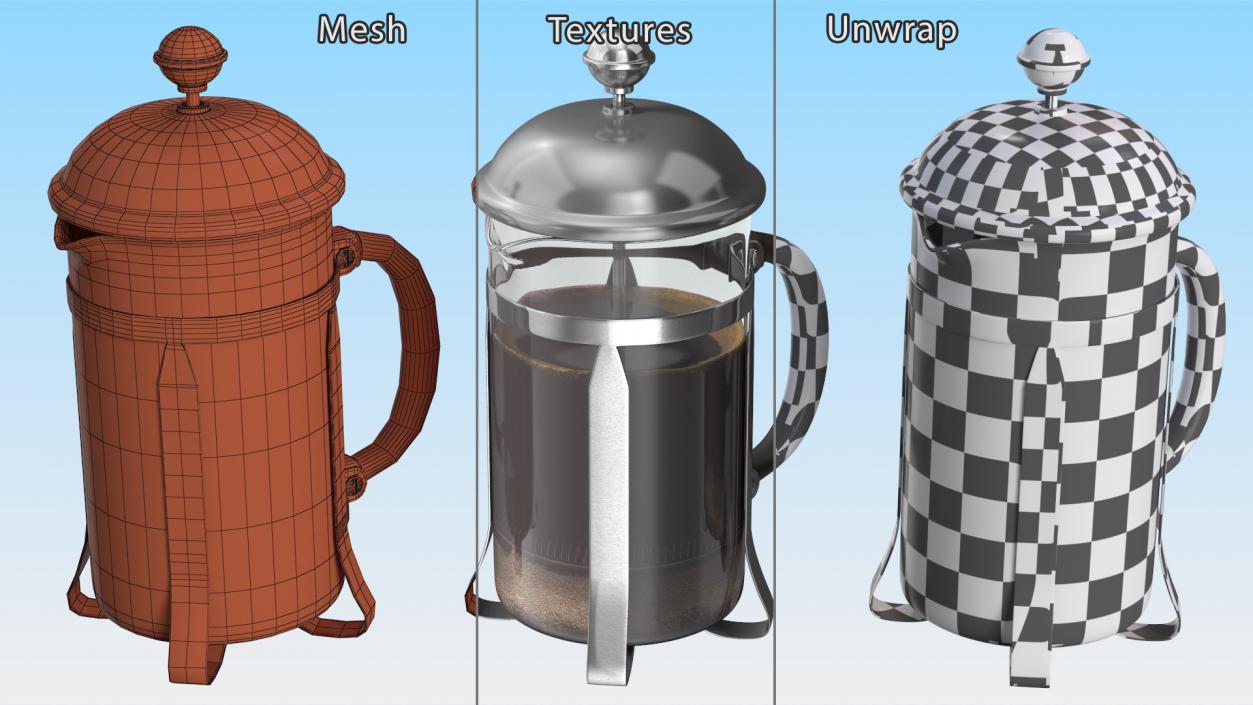 French Press Coffee Pot 2 with Coffee 2 3D model