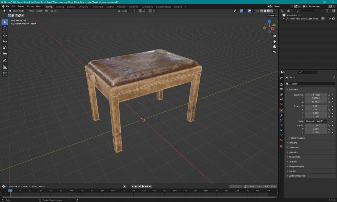 3D Retro Piano Bench Light Wood model