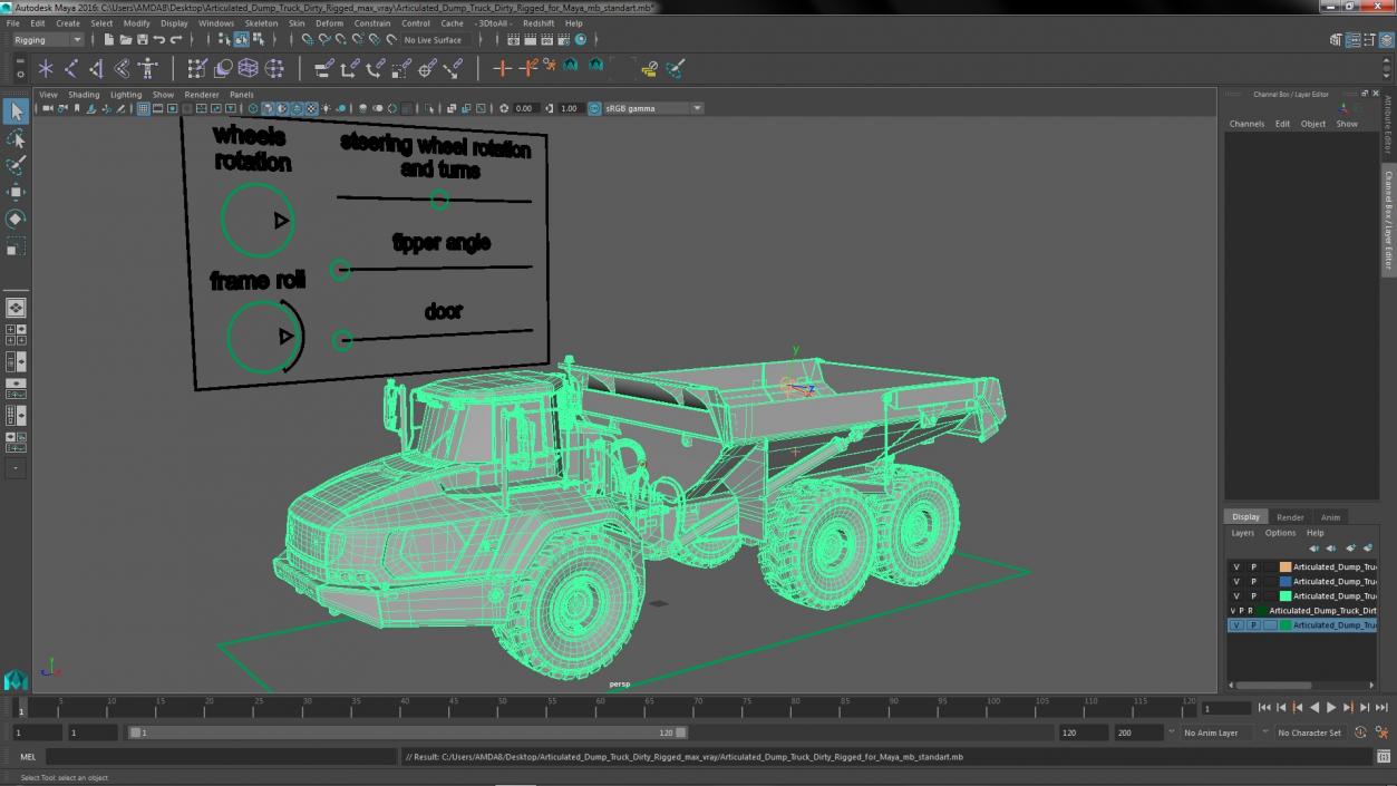 Articulated Dump Truck Dirty Rigged for Maya 3D model