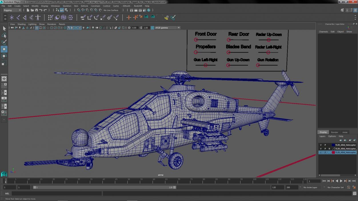 T129 ATAK Green Helicopter Rigged for Maya 3D