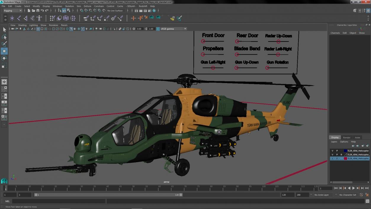 T129 ATAK Green Helicopter Rigged for Maya 3D