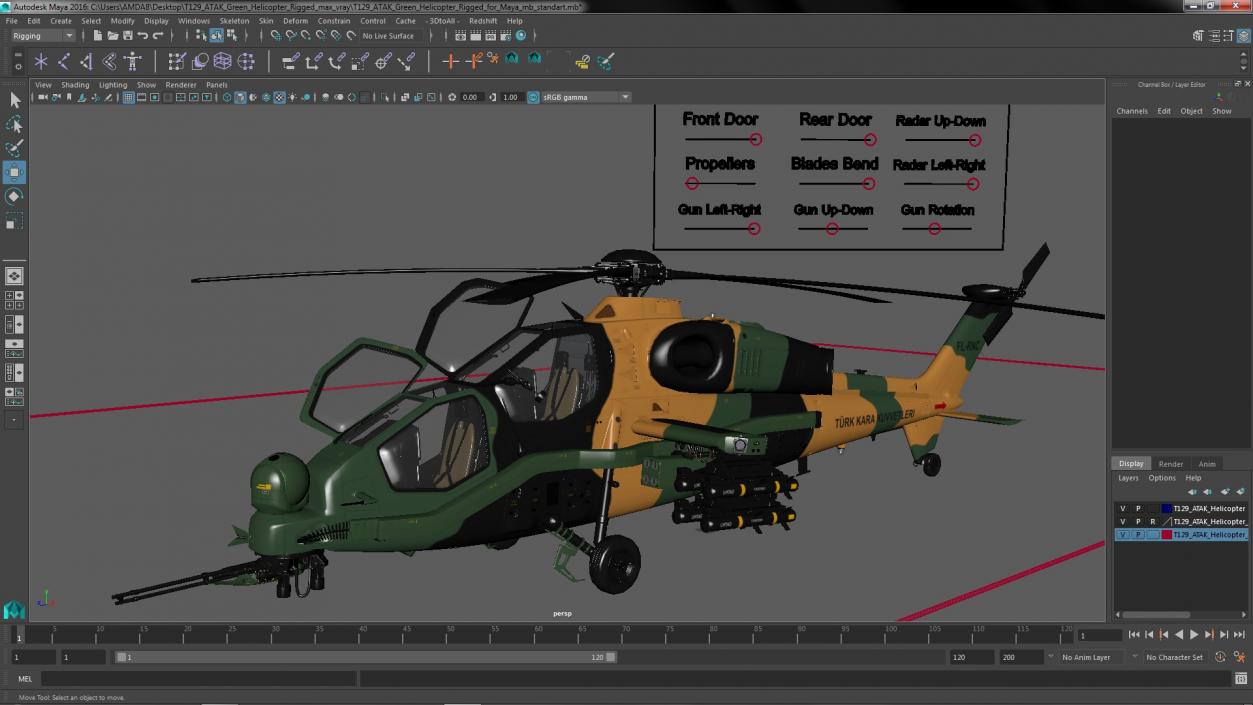 T129 ATAK Green Helicopter Rigged for Maya 3D