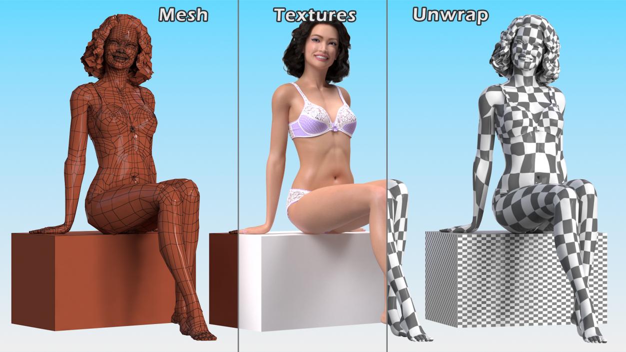 3D Asian Woman wearing Lingerie Sitting Pose