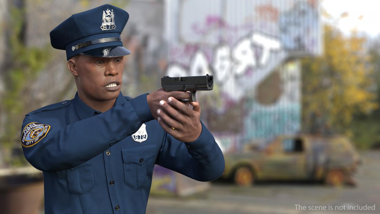 African American NYPD Police Officer Aiming Pose Fur 3D