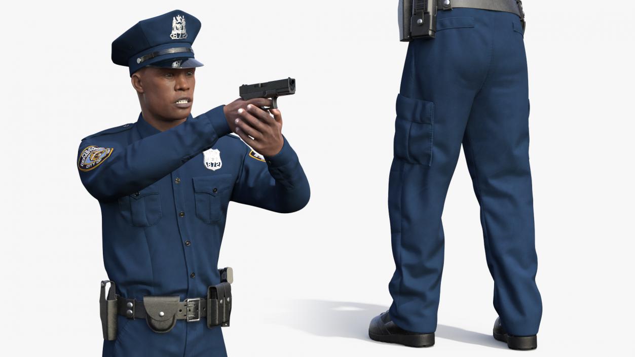 African American NYPD Police Officer Aiming Pose Fur 3D