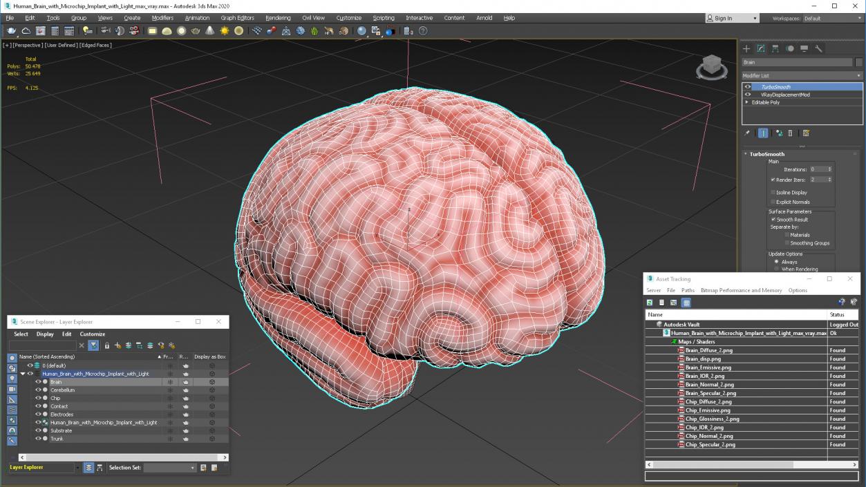 Human Brain with Microchip Implant with Light 2 3D