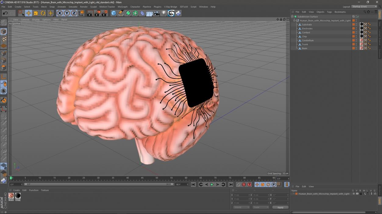 Human Brain with Microchip Implant with Light 2 3D