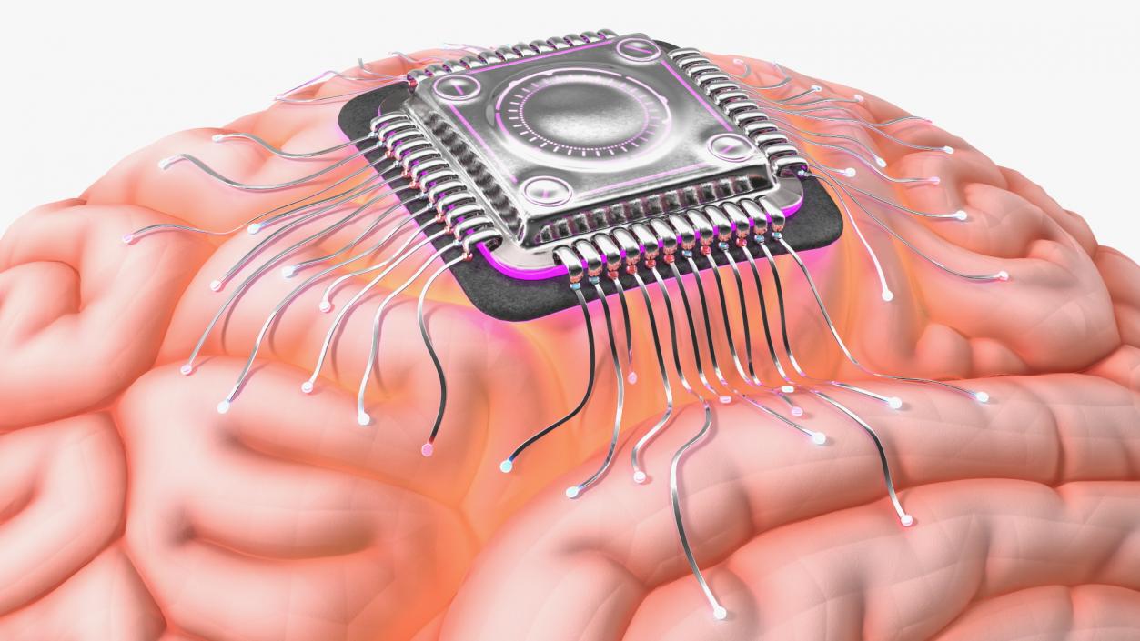 Human Brain with Microchip Implant with Light 2 3D