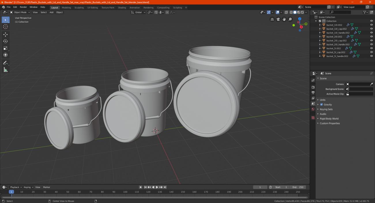 Plastic Buckets with Lid and Handle Set 3D model