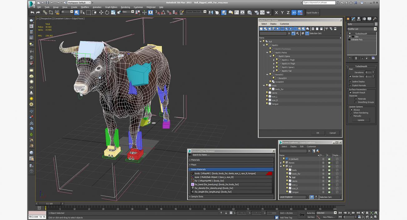 3D model Bull Rigged with Fur