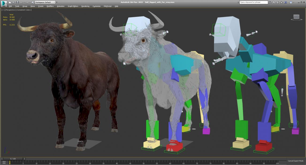 3D model Bull Rigged with Fur