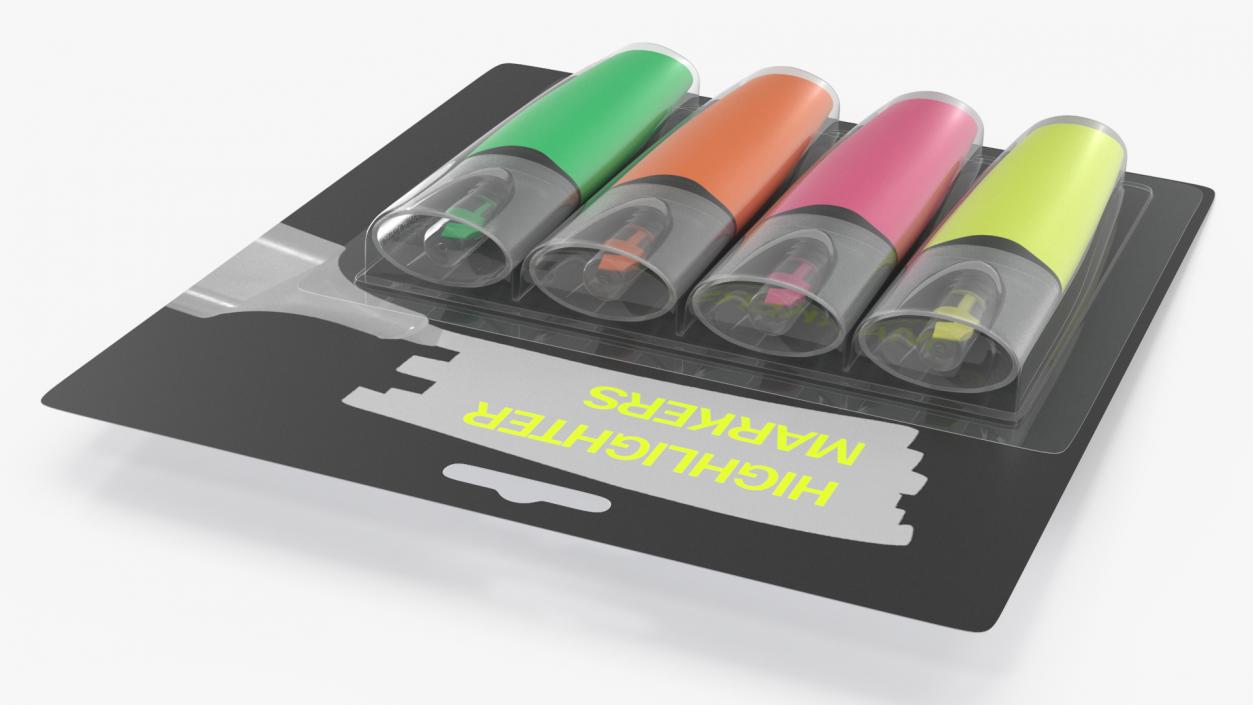 4 Highlighter Markers with Package 3D model