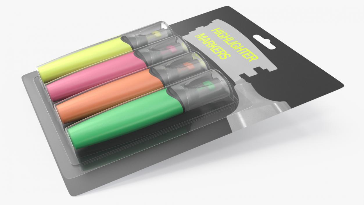 4 Highlighter Markers with Package 3D model