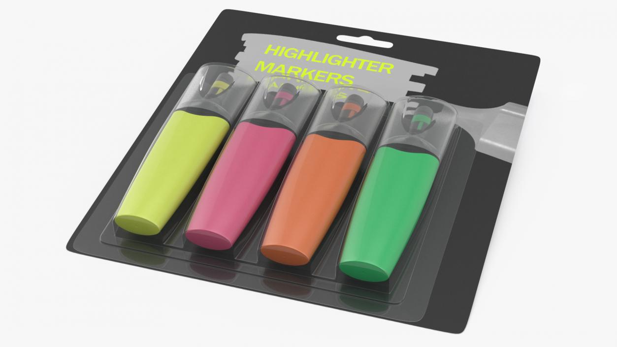 4 Highlighter Markers with Package 3D model