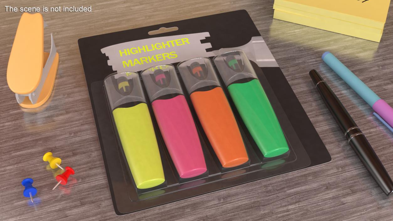 4 Highlighter Markers with Package 3D model