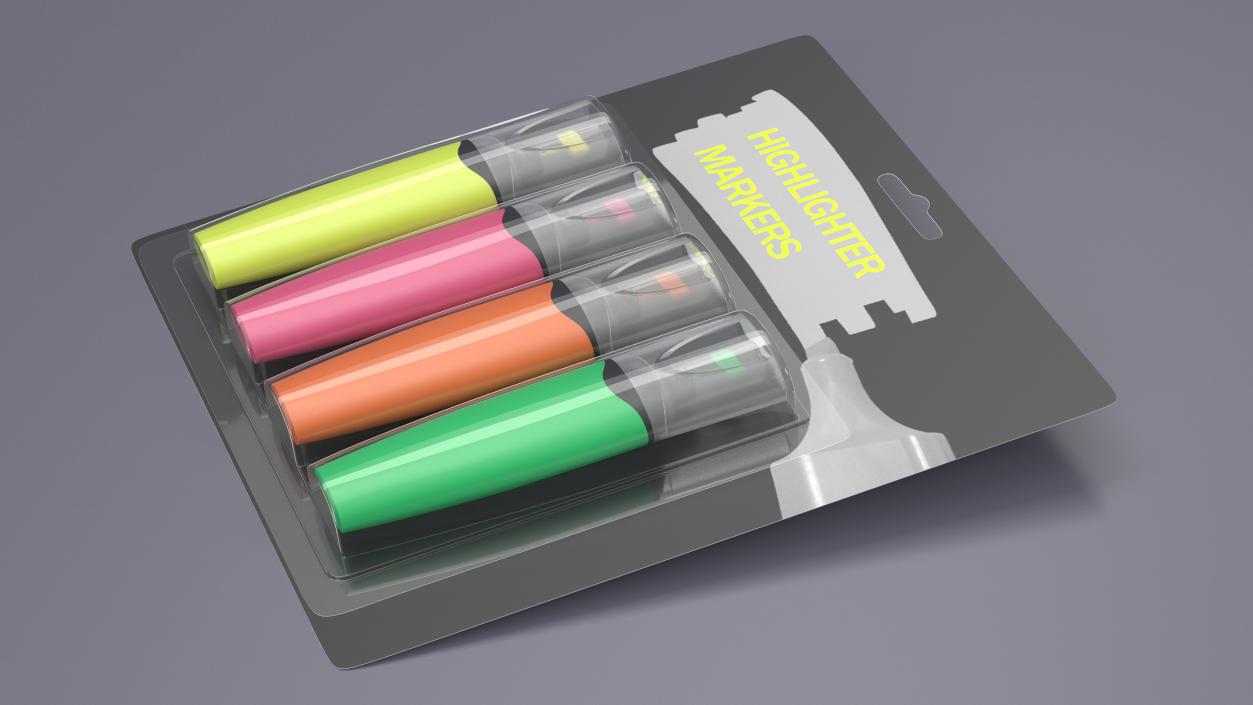 4 Highlighter Markers with Package 3D model