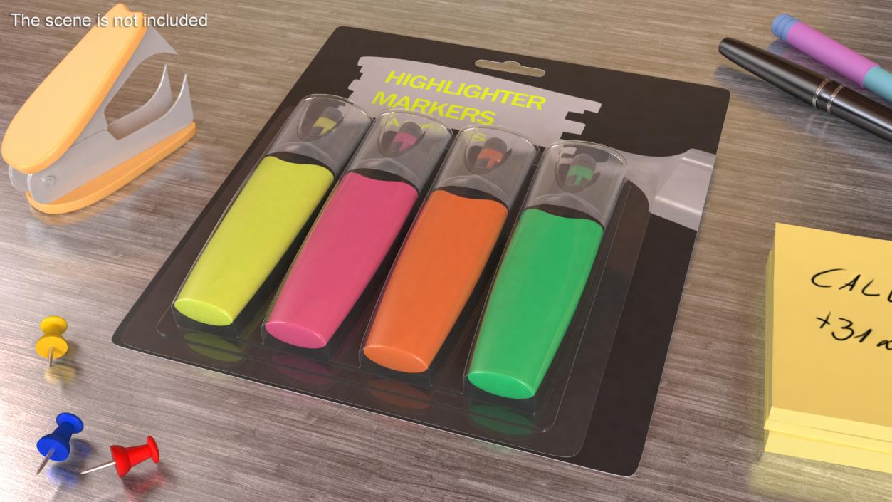 4 Highlighter Markers with Package 3D model