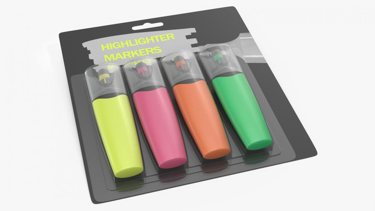 4 Highlighter Markers with Package 3D model